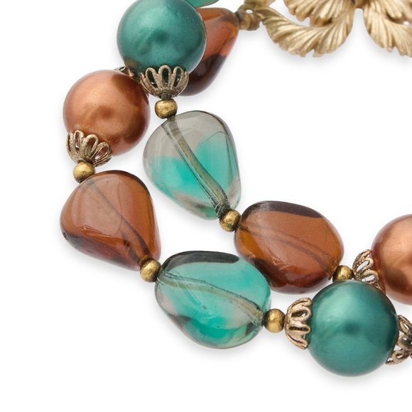 Vintage Crown Trifari Art Glass & Faux Pearl Bracelet Beaded Double Strand - Picture 2 of 6